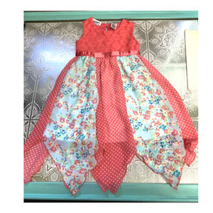 Blueberi Boulevard 3T Dress Peach Crocheted Bodice with Floral and Polka Dots